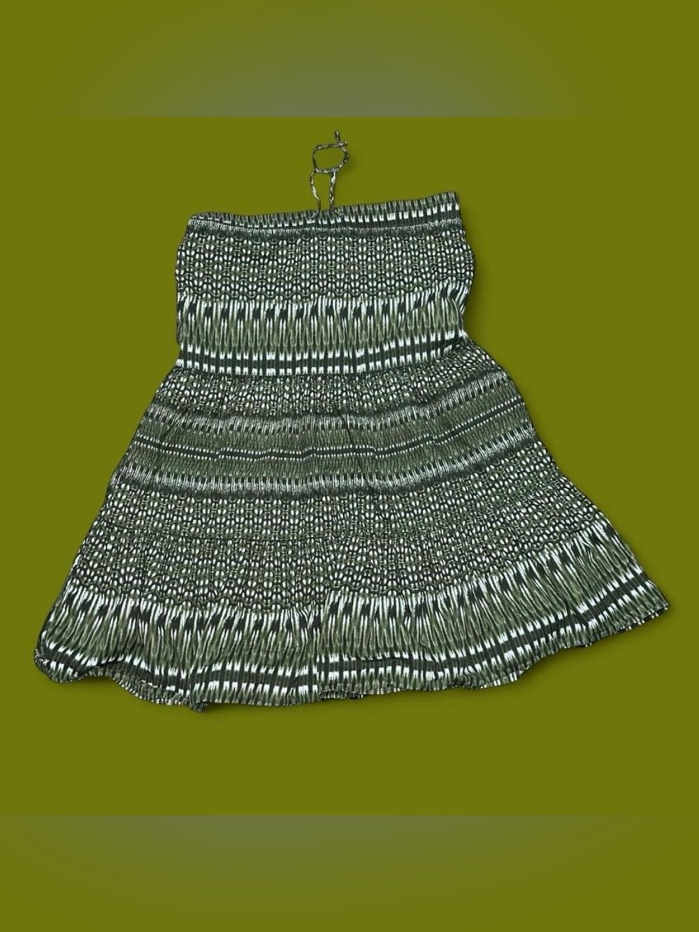 Smocked Waist Olive Green Patterned Midi Skirt